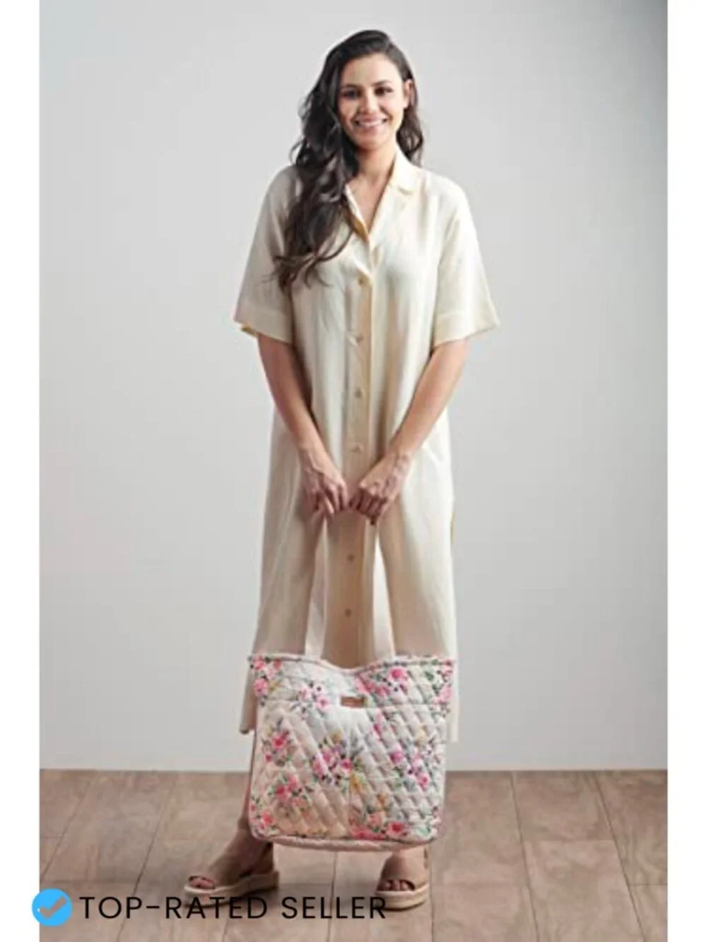 Quilted Cotton Tote Bag with Zipper Pockets and Removable Pouch